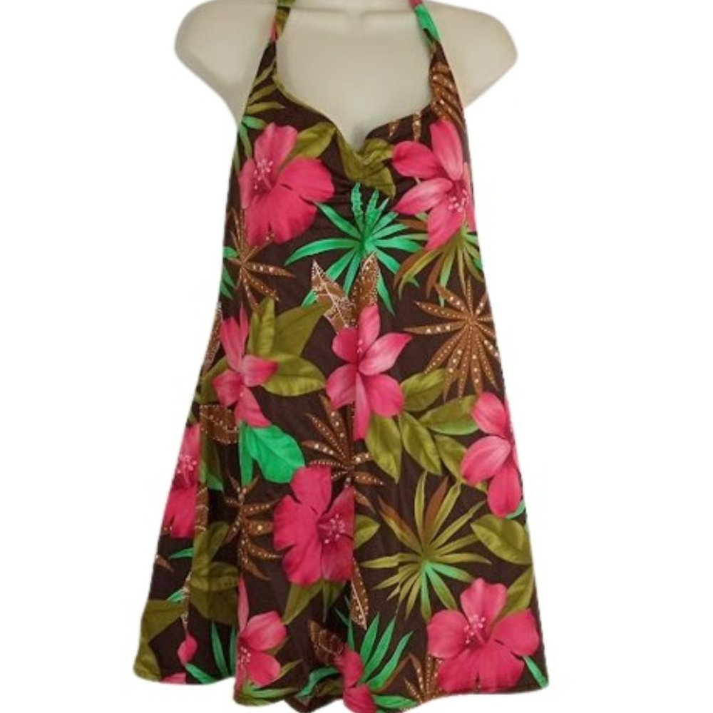 Vintage 1980s Womens Islander Swim Dress Brown Tropical Floral Plus 18